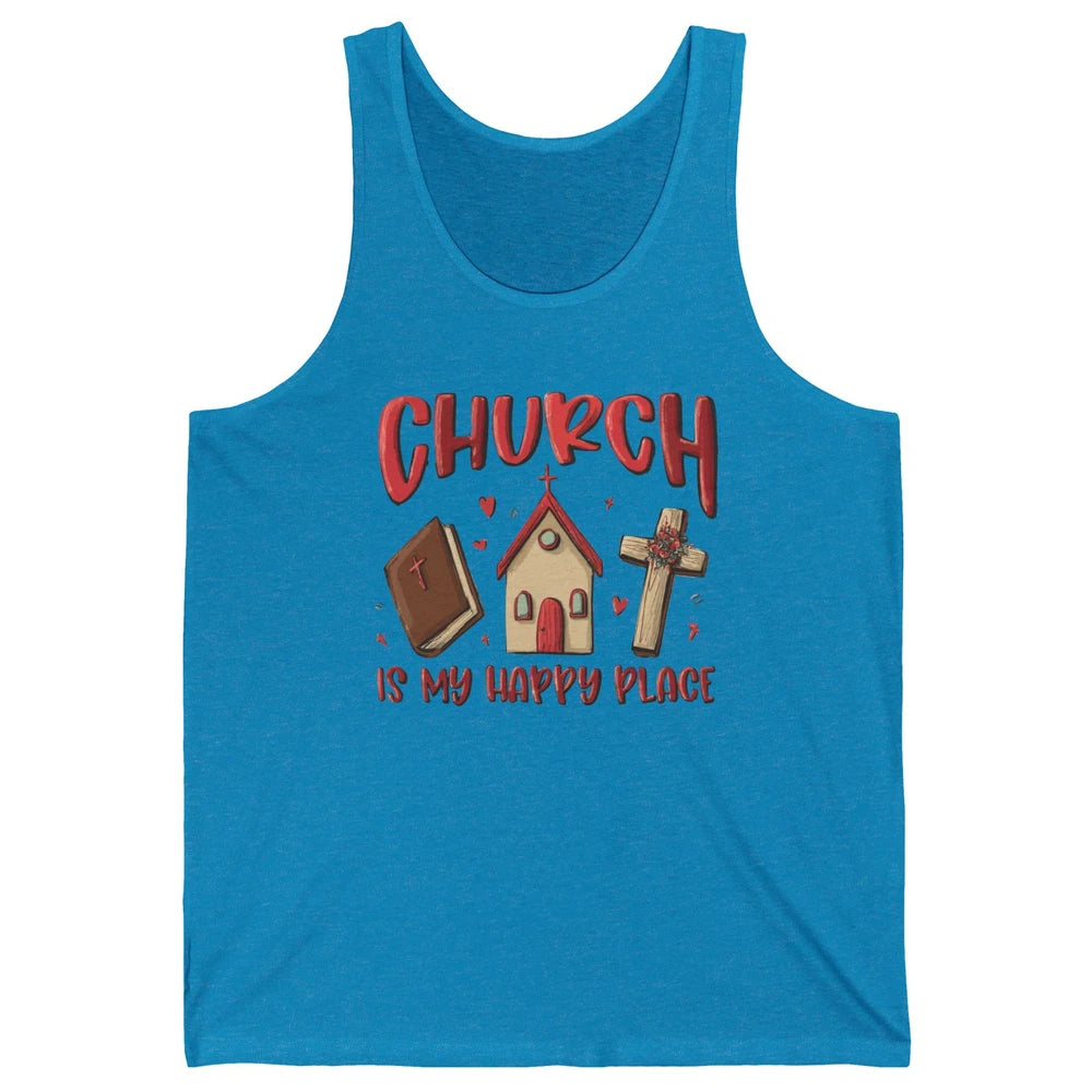 Retro Christmas Church Is My Happy Place Christian Hand Draw Unisex Jersey Tank