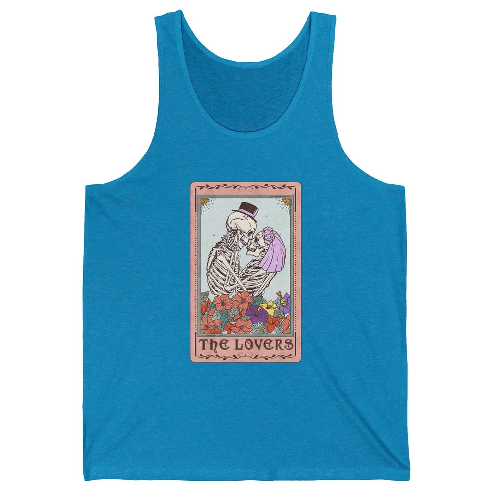 The Lovers Funny Skeleton Couple Tarot Card Vintage Valentine Astrology Goth Skull Lover Floral Heart Unisex Jersey Tank
