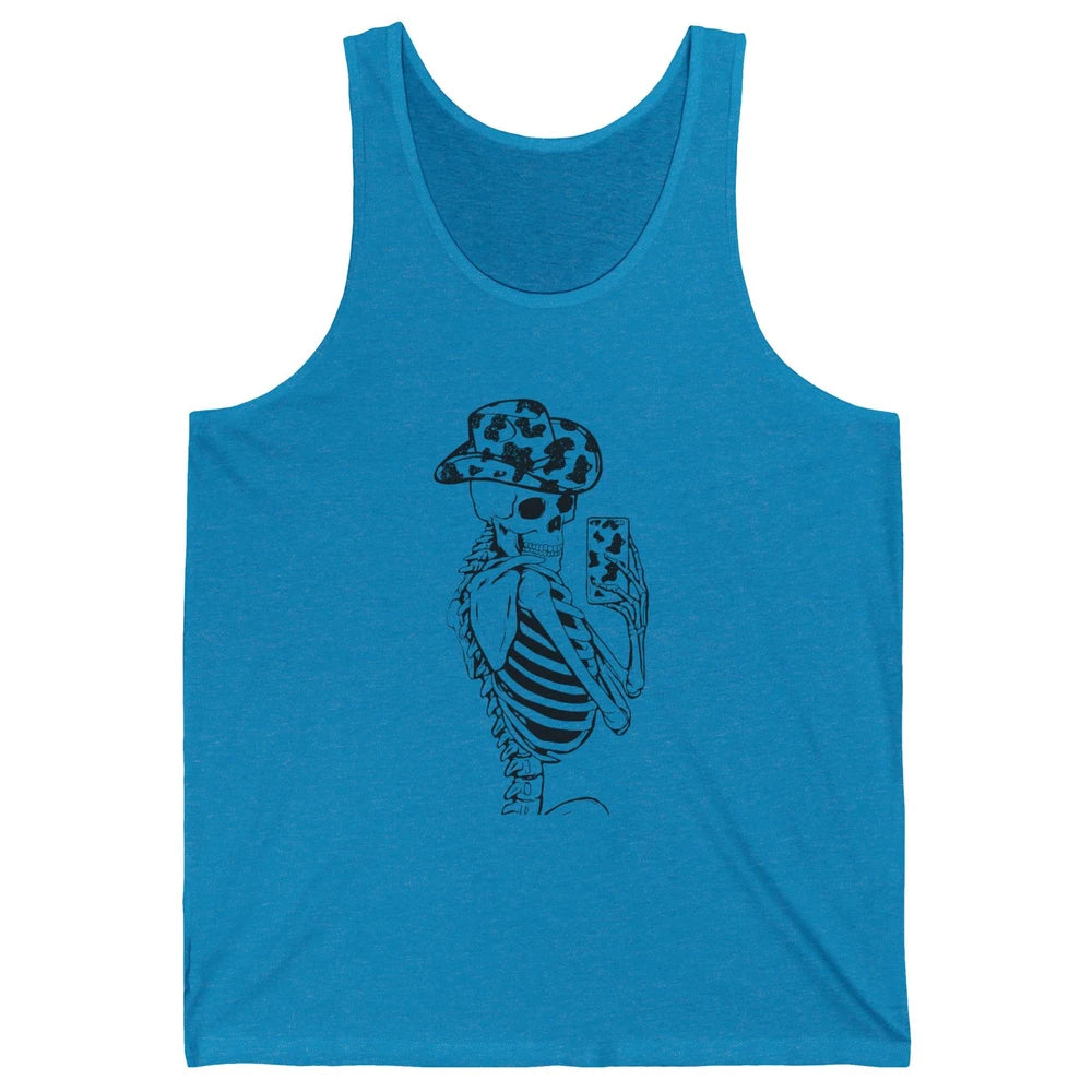 Funny Skeleton Cowgirl Selfie Cow Print Cowboy Hat Western Unisex Jersey Tank