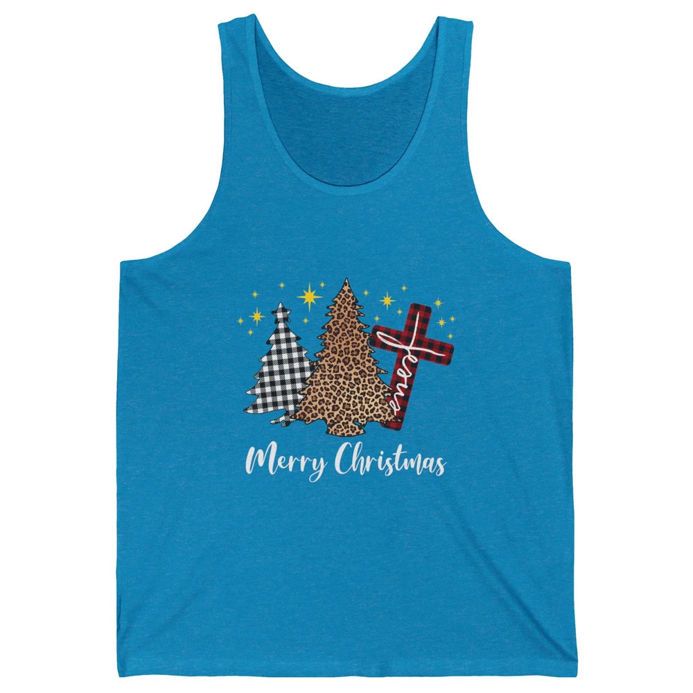 Merry Christmas Xmas Tree Cross Red Plaid Christian Leopard Unisex Jersey Tank