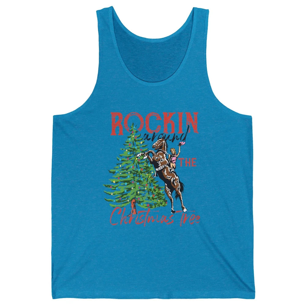Funny Cowgirl Horsing Rocking Around Christmas Tree Western Unisex Jersey Tank