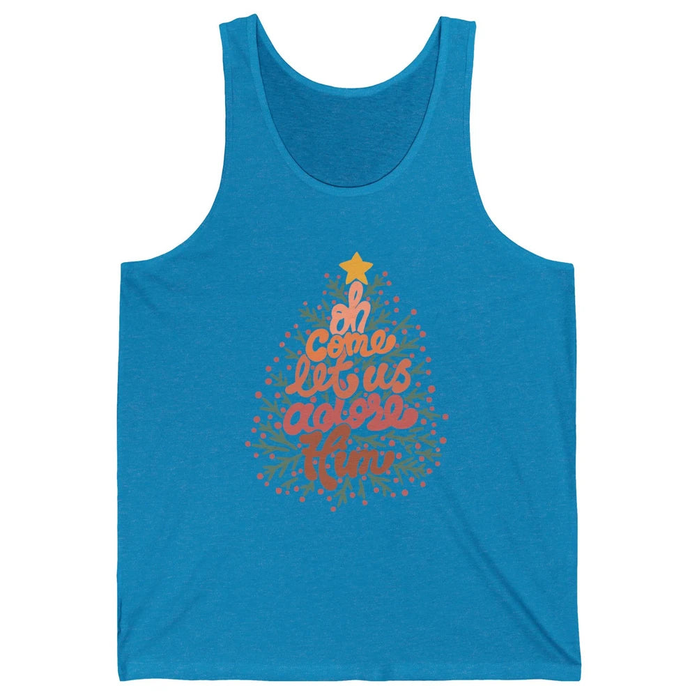 Retro Christmas Tree Oh Come Let Us Adore Him Groovy Xmas Unisex Jersey Tank