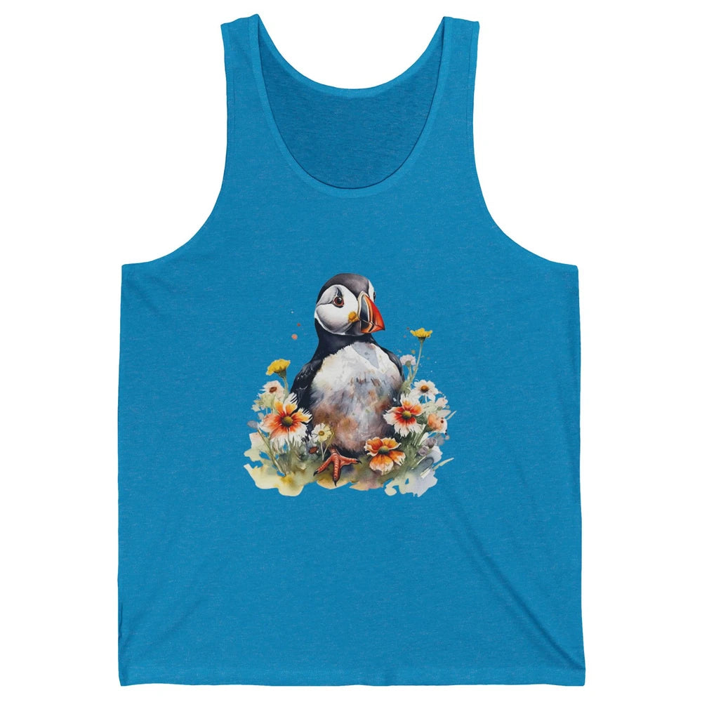 Funny Watercolor Penguin Colorful Wildflowers Field Animal Unisex Jersey Tank
