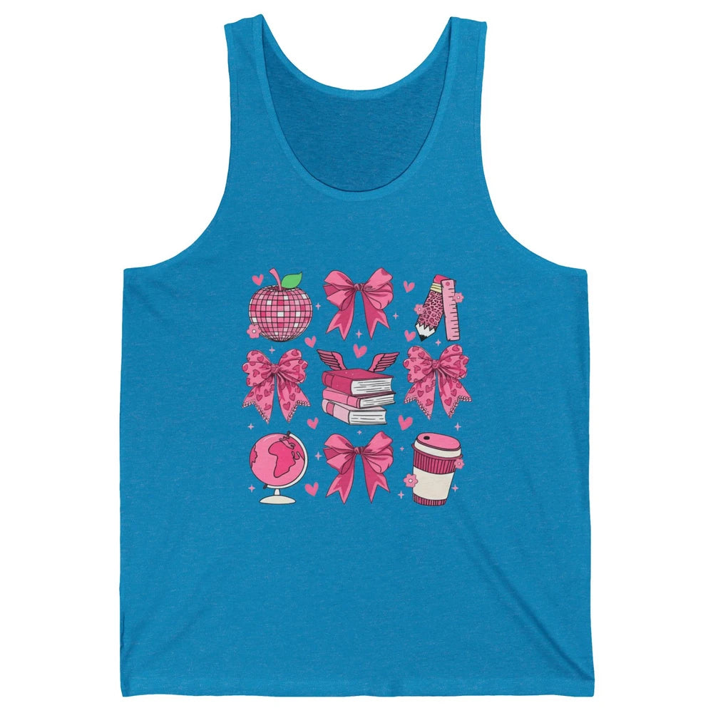 Cute Set Of Bows Coquette Coffee Apple Pink Valentine's Day Love Leopard Heart Back To School Latte Book Teacher Students Unisex Jersey Tank