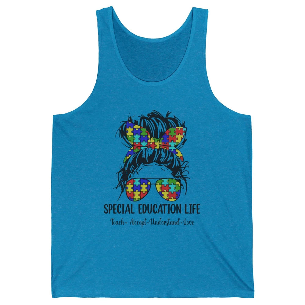 Special Education Teacher Messy Bun Autism Teach Accept Love Unisex Jersey Tank