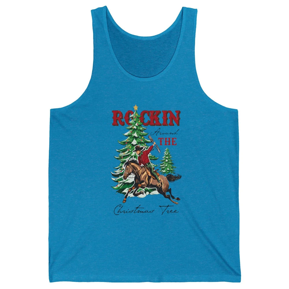Retro Horsing Cowboy Rocking Around Christmas Tree Western Unisex Jersey Tank