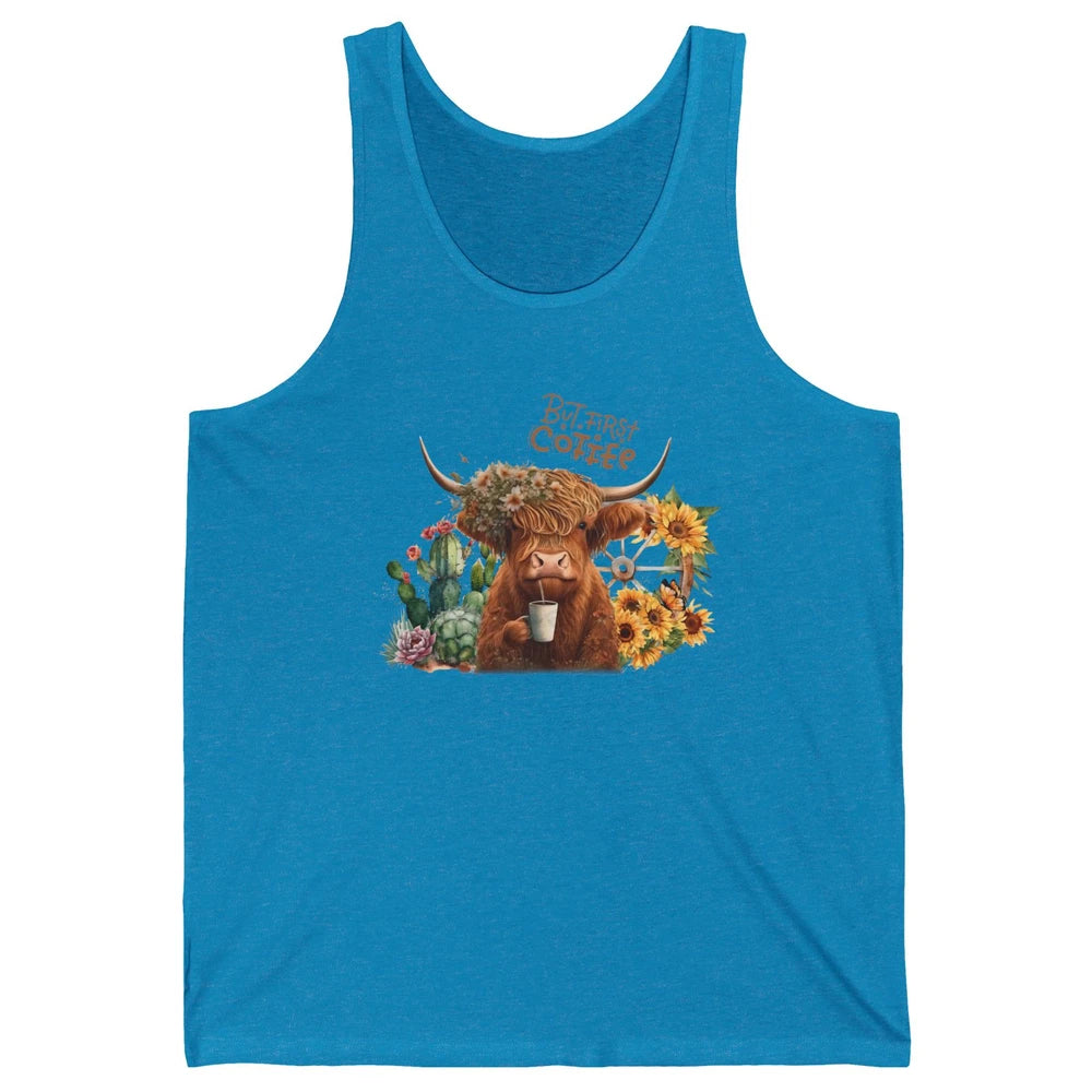 Desert Highland Cow But First Coffee Western Country Animal Unisex Jersey Tank