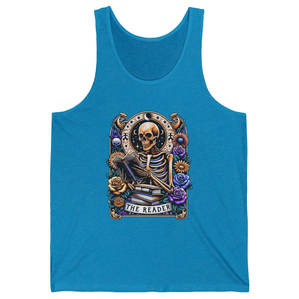 The Reader Tarot Card Halloween Reading Book Skeleton Floral Skull Bookish Bookworm Unisex Jersey Tank