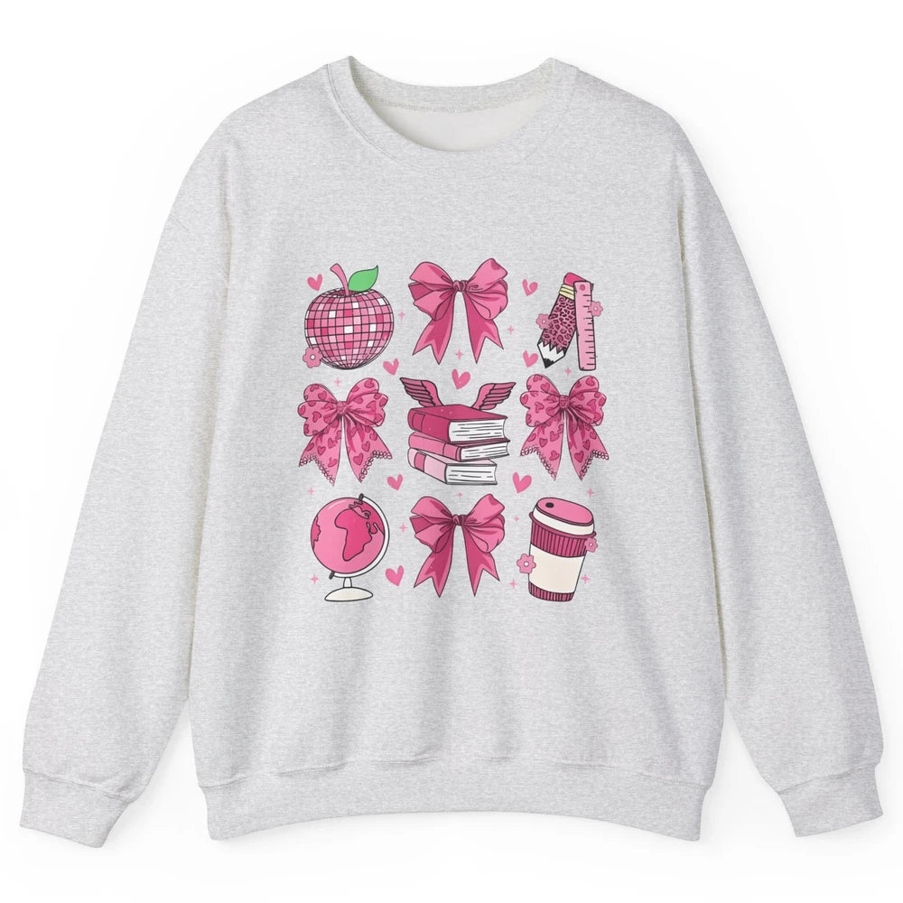 Cute Set Of Bows Coquette Coffee Apple Pink Valentine's Day Love Leopard Heart Back To School Latte Book Teacher Students Unisex Crewneck Sweatshirt