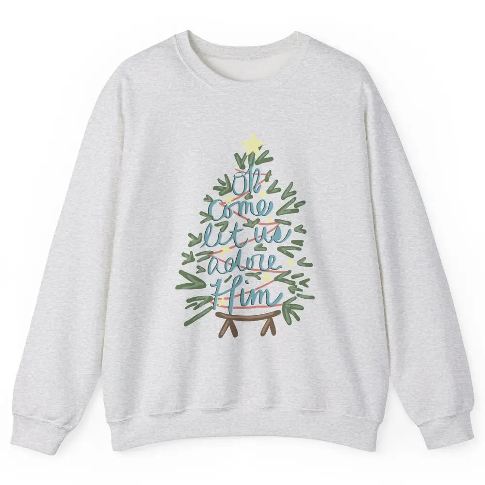 Retro Christmas Tree Oh Come Let Us Adore Him Groovy Xmas Unisex Crewneck Sweatshirt