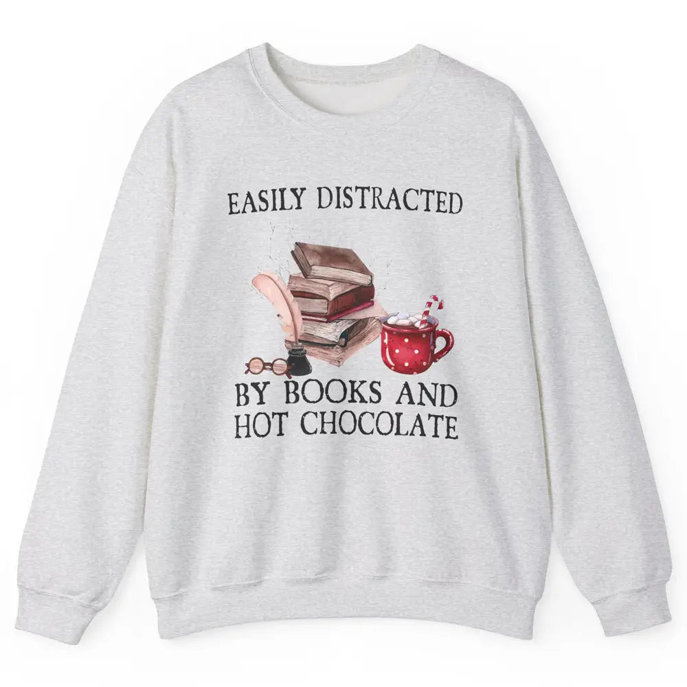 Retro Easily Distracted By Books And Hot Chocolate Christmas Unisex Crewneck Sweatshirt