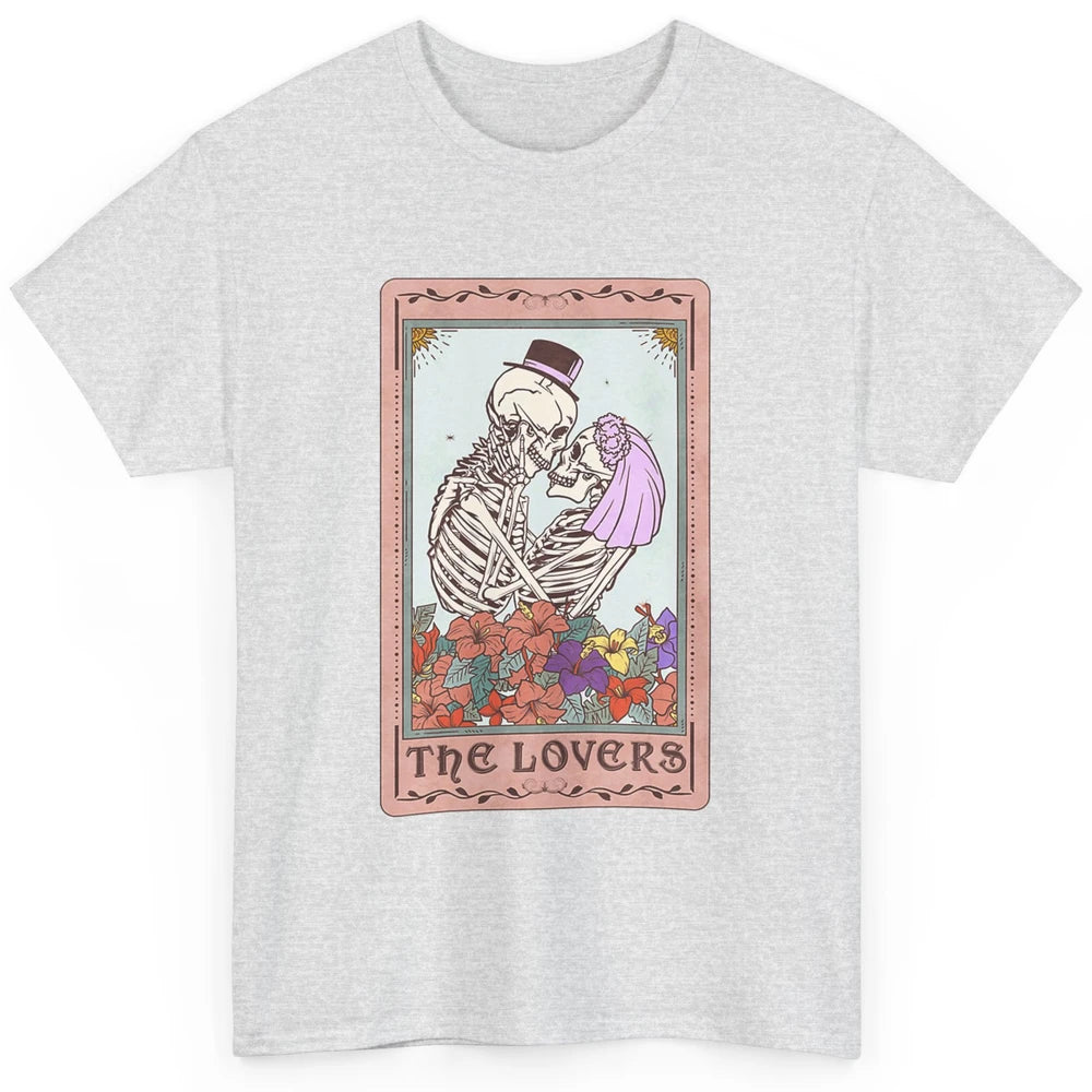 The Lovers Funny Skeleton Couple Tarot Card Vintage Valentine Astrology Goth Skull Lover Floral Heart Classic Unisex T-Shirt