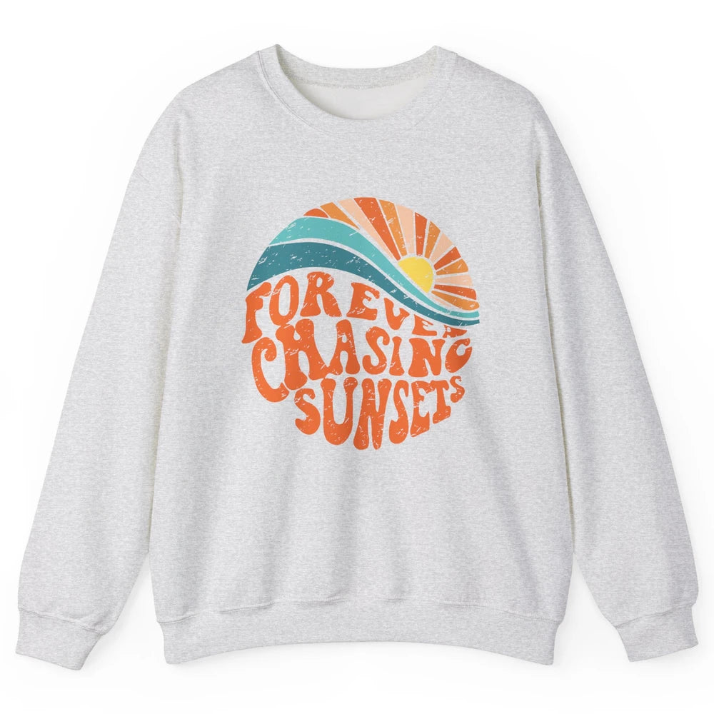 Retro Rainbow Forever Chasing Sunset Hippie Girl Peace Lover Unisex Crewneck Sweatshirt