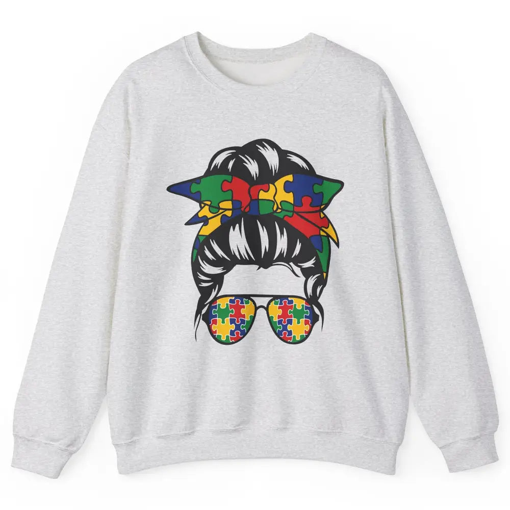 Autism Mom With Bandana Puzzle Autism Ribbon Support Autism Unisex Crewneck Sweatshirt