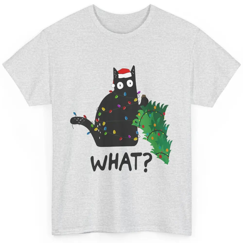 Black Cat Pushing Christmas Tree What Xmas Lights Santa Hat Classic Unisex T-Shirt