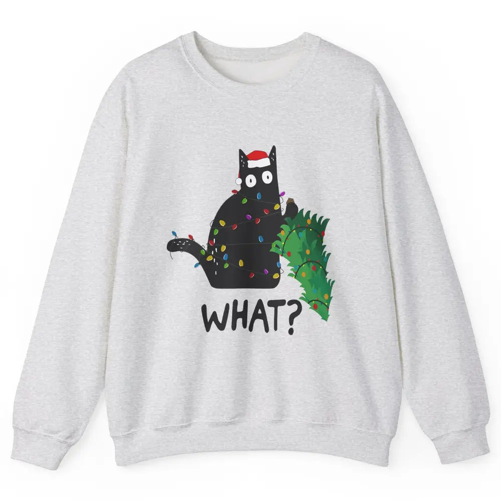 Black Cat Pushing Christmas Tree What Xmas Lights Santa Hat Unisex Crewneck Sweatshirt