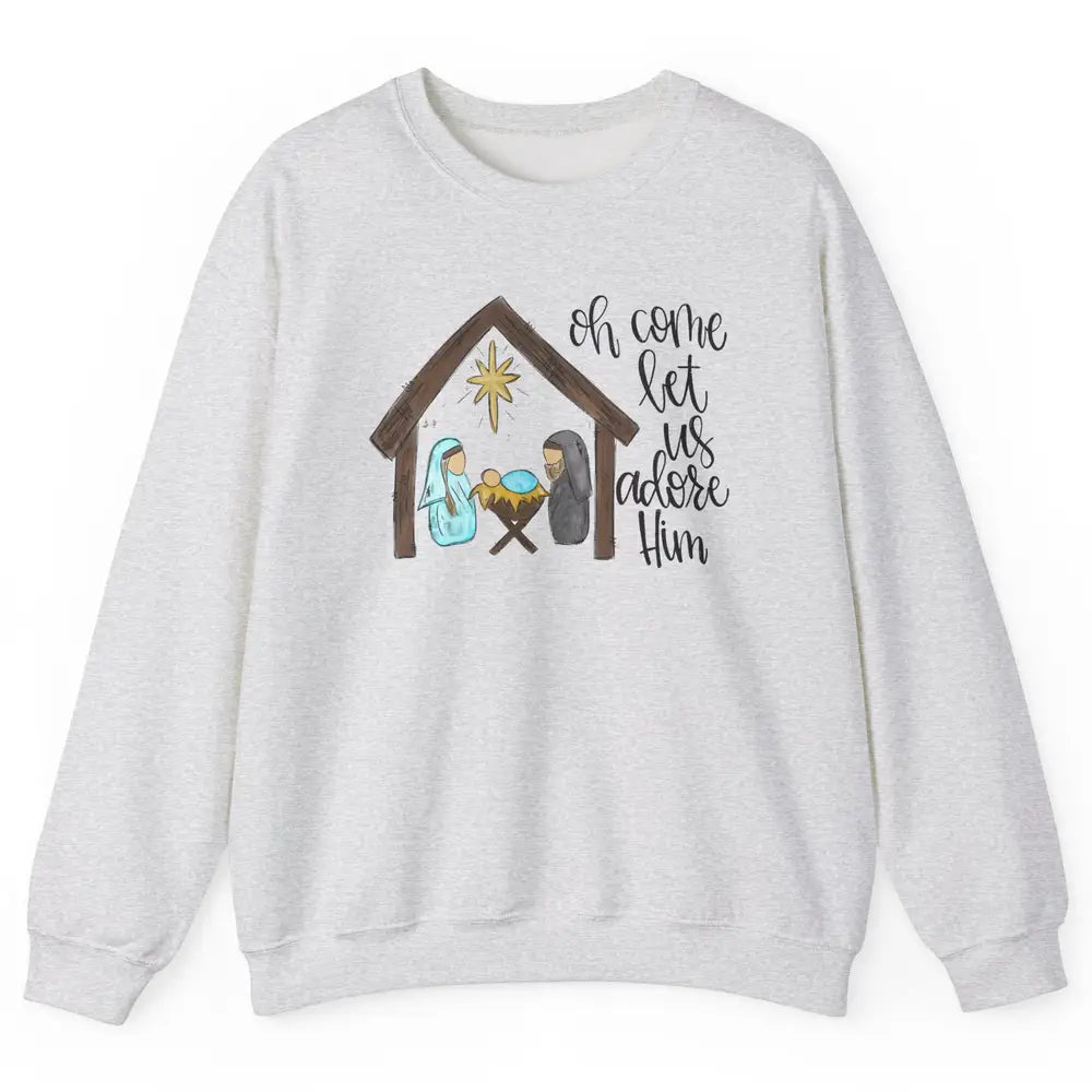 Retro Christmas Church Oh Come Let Us Adore Him Hand Drawing Unisex Crewneck Sweatshirt