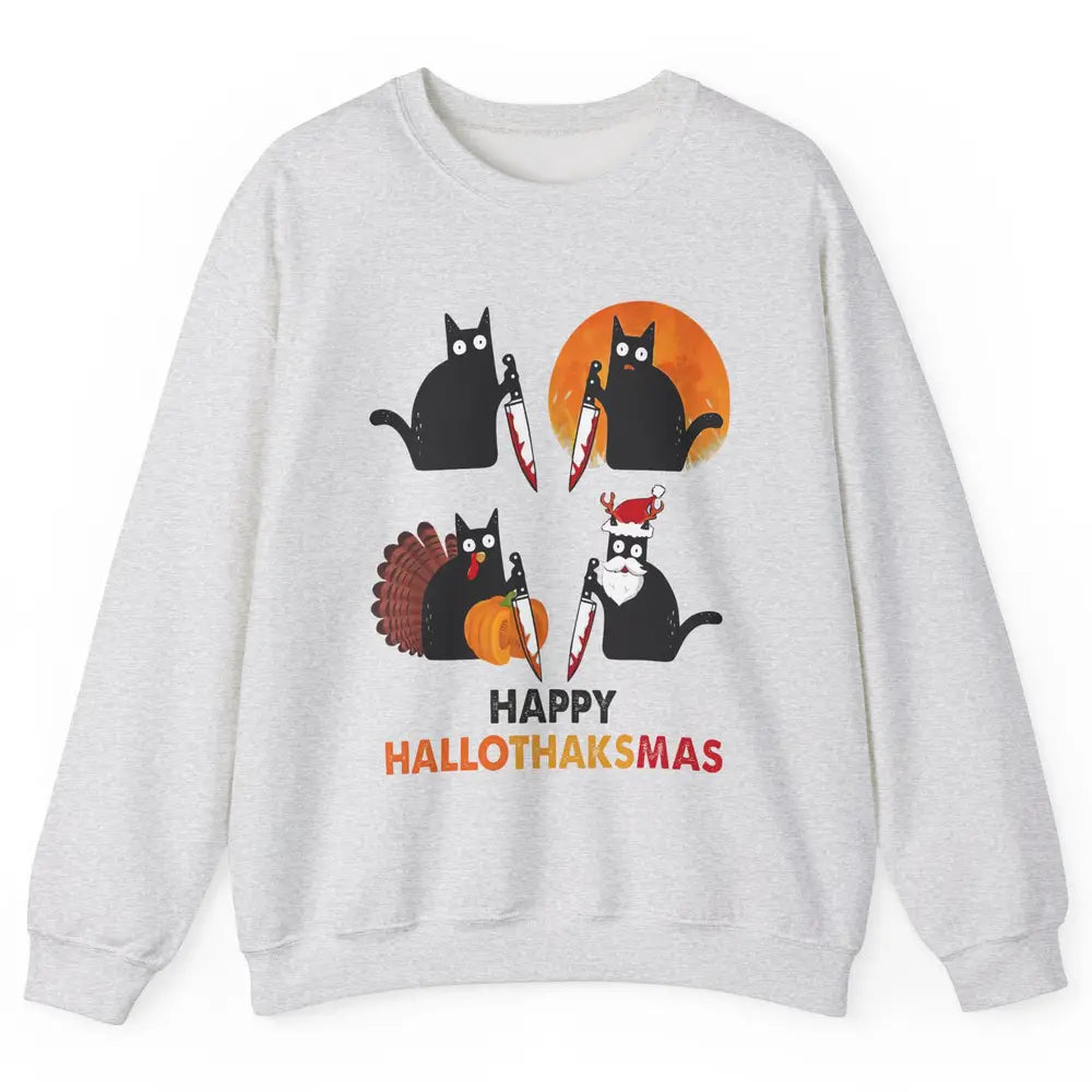 Funny Murderous Cat Turkey Hallo-thank-mas Thanksgiving Xmas Unisex Crewneck Sweatshirt