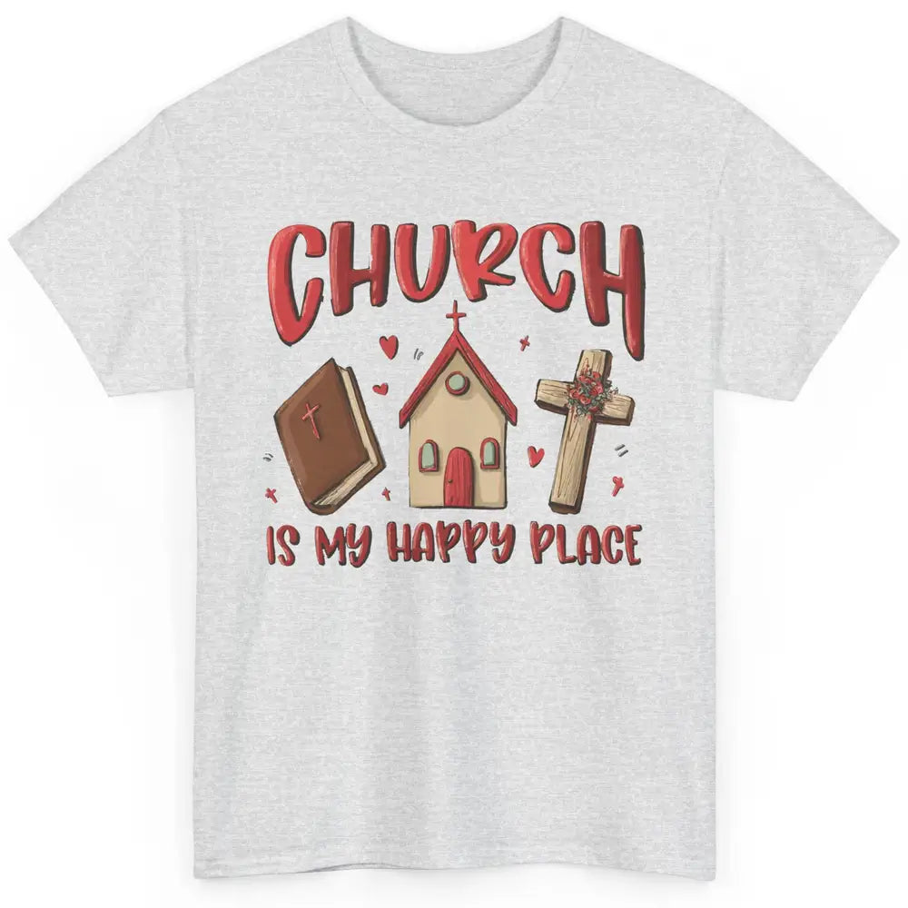 Retro Christmas Church Is My Happy Place Christian Hand Draw Classic Unisex T-Shirt