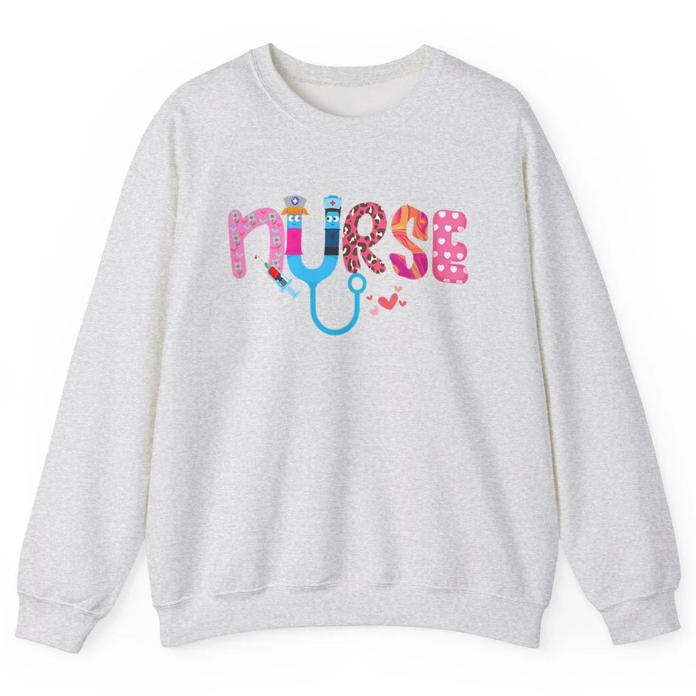Nurse Happy Valentine's Day Love ER ICU NICU Emergency Nursing Leopard Stethoscope Love Needles Unisex Crewneck Sweatshirt