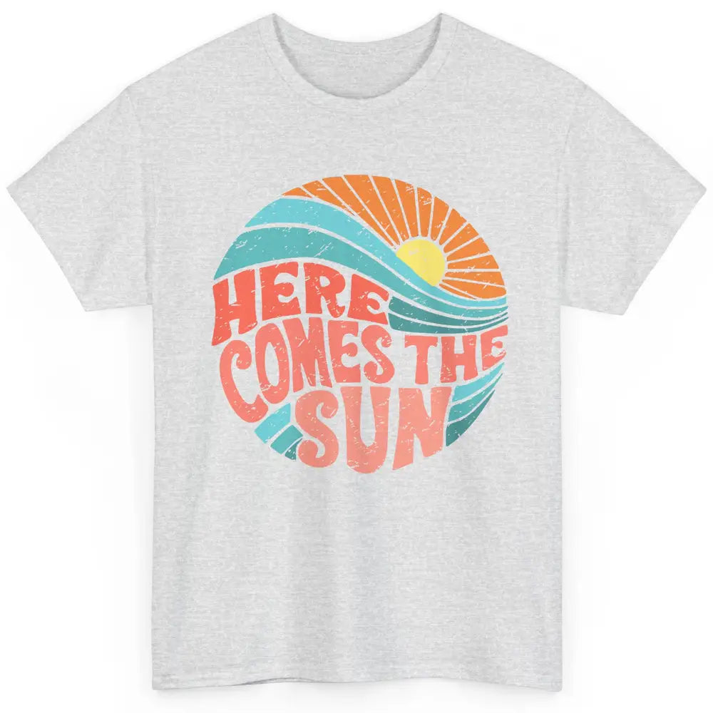 Retro Rainbow Sunrise Here Comes The Sun Hippie Girl Classic Unisex T-Shirt