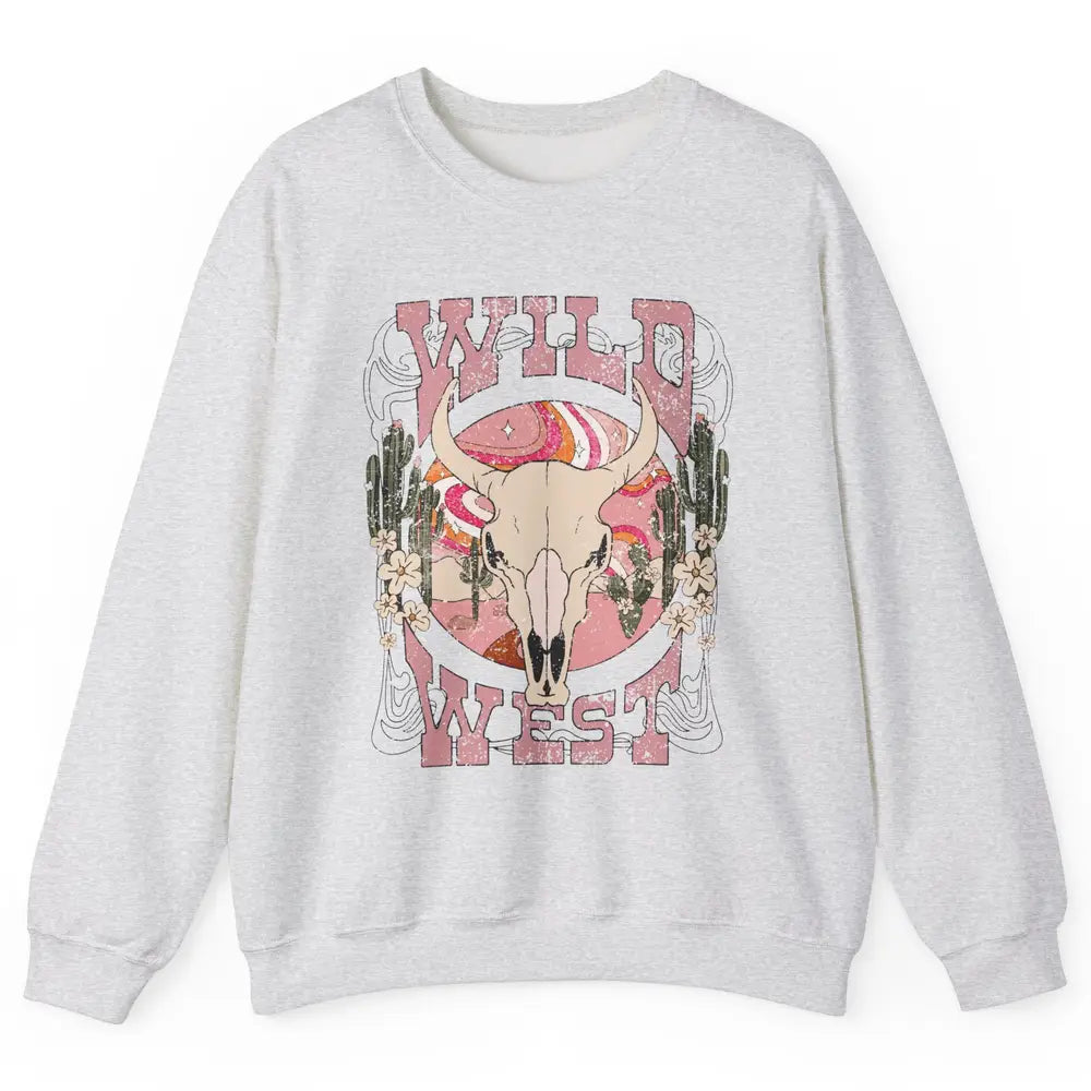 Retro Rainbow Desert Bull Skull Wild West Western Country Unisex Crewneck Sweatshirt