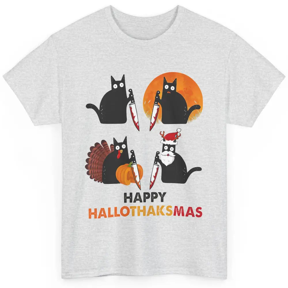 Funny Murderous Cat Turkey Hallo-thank-mas Thanksgiving Xmas Classic Unisex T-Shirt