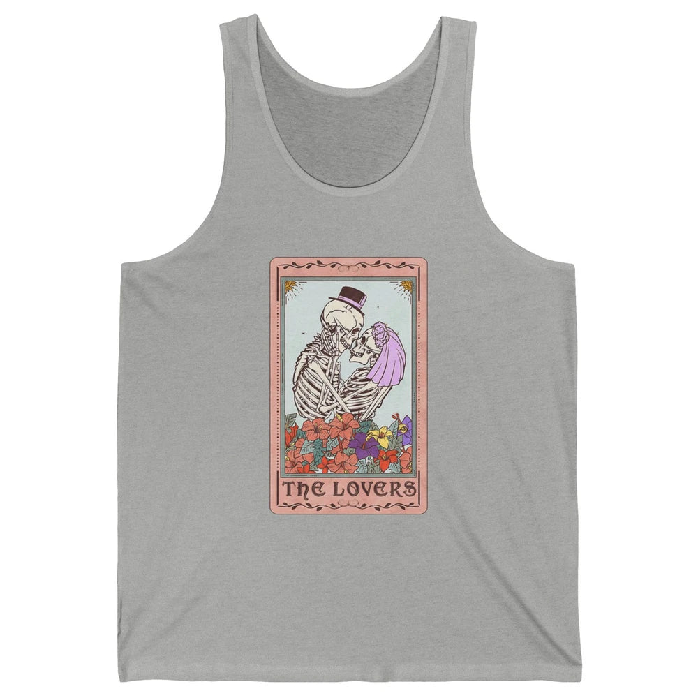 The Lovers Funny Skeleton Couple Tarot Card Vintage Valentine Astrology Goth Skull Lover Floral Heart Unisex Jersey Tank