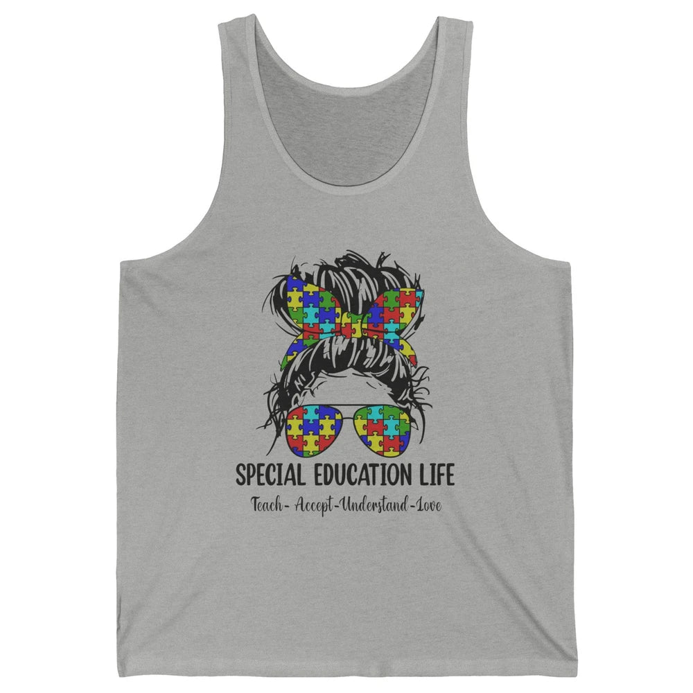 Special Education Teacher Messy Bun Autism Teach Accept Love Unisex Jersey Tank