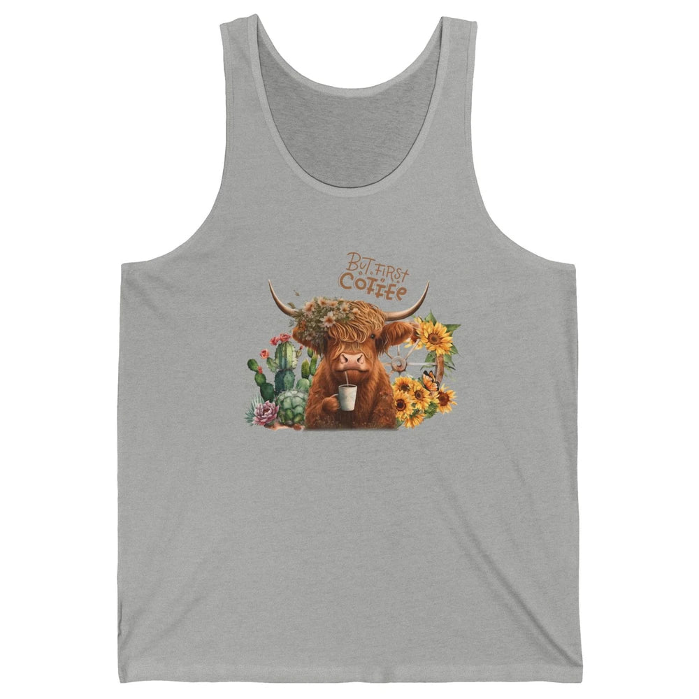 Desert Highland Cow But First Coffee Western Country Animal Unisex Jersey Tank