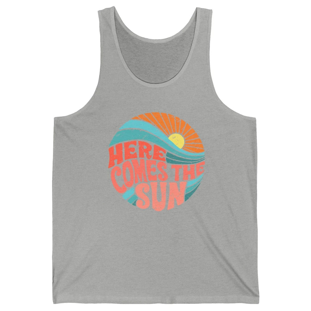Retro Rainbow Sunrise Here Comes The Sun Hippie Girl Unisex Jersey Tank