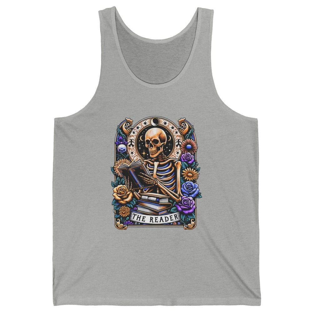 The Reader Tarot Card Halloween Reading Book Skeleton Floral Skull Bookish Bookworm Unisex Jersey Tank