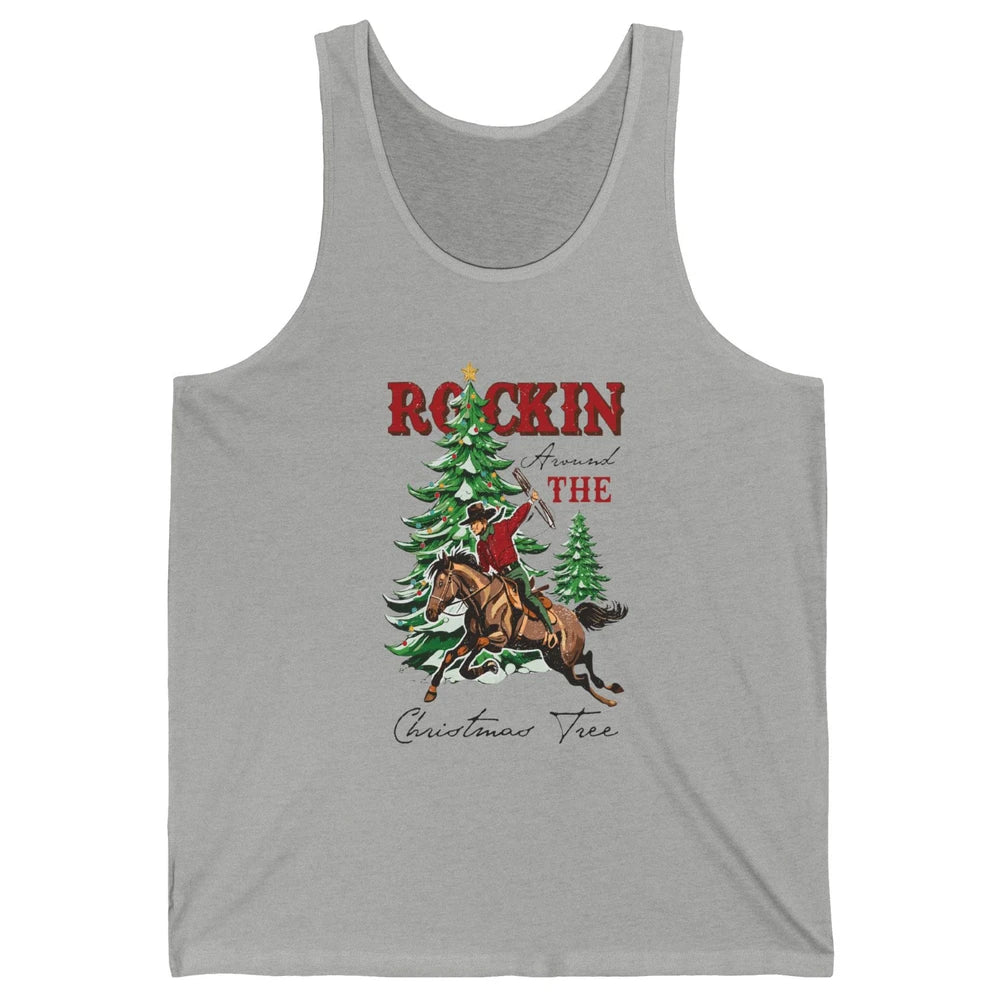 Retro Horsing Cowboy Rocking Around Christmas Tree Western Unisex Jersey Tank