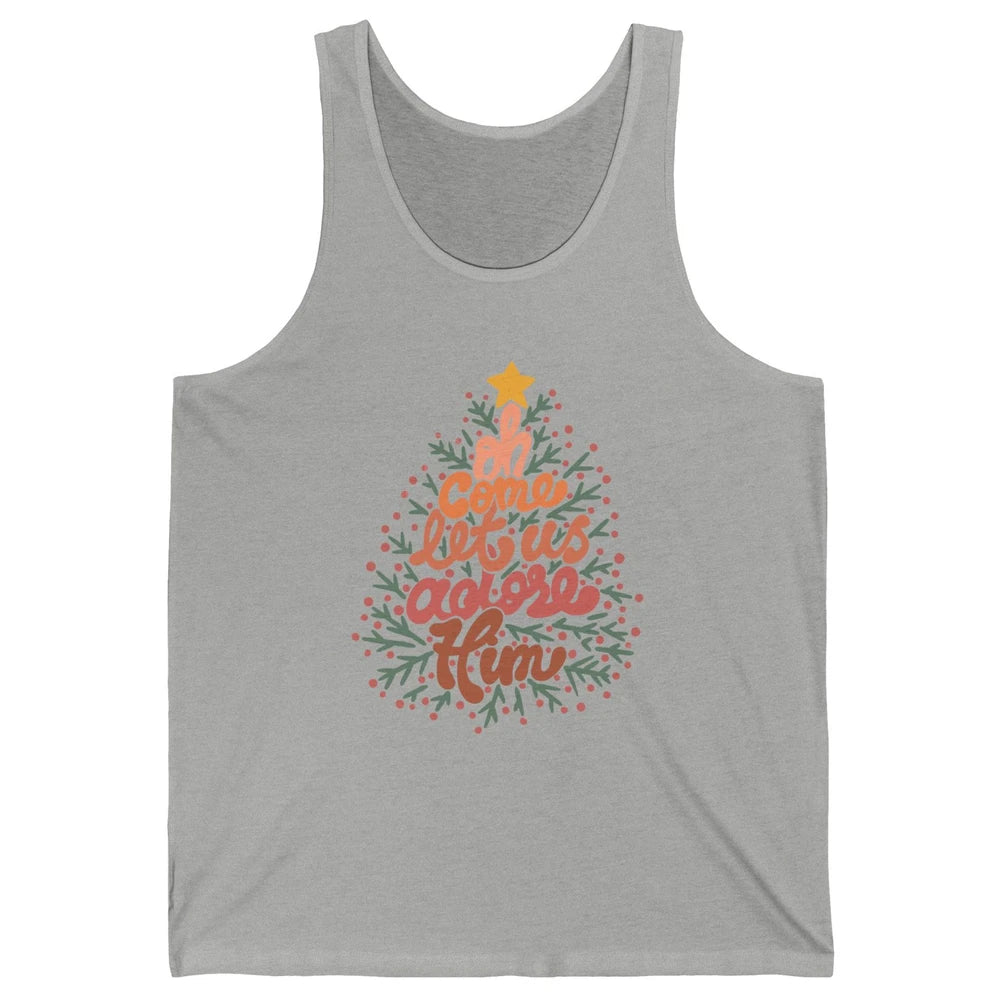 Retro Christmas Tree Oh Come Let Us Adore Him Groovy Xmas Unisex Jersey Tank