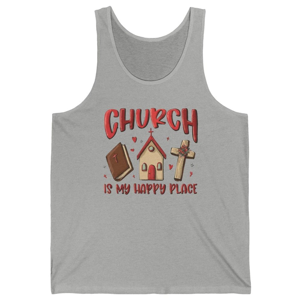 Retro Christmas Church Is My Happy Place Christian Hand Draw Unisex Jersey Tank