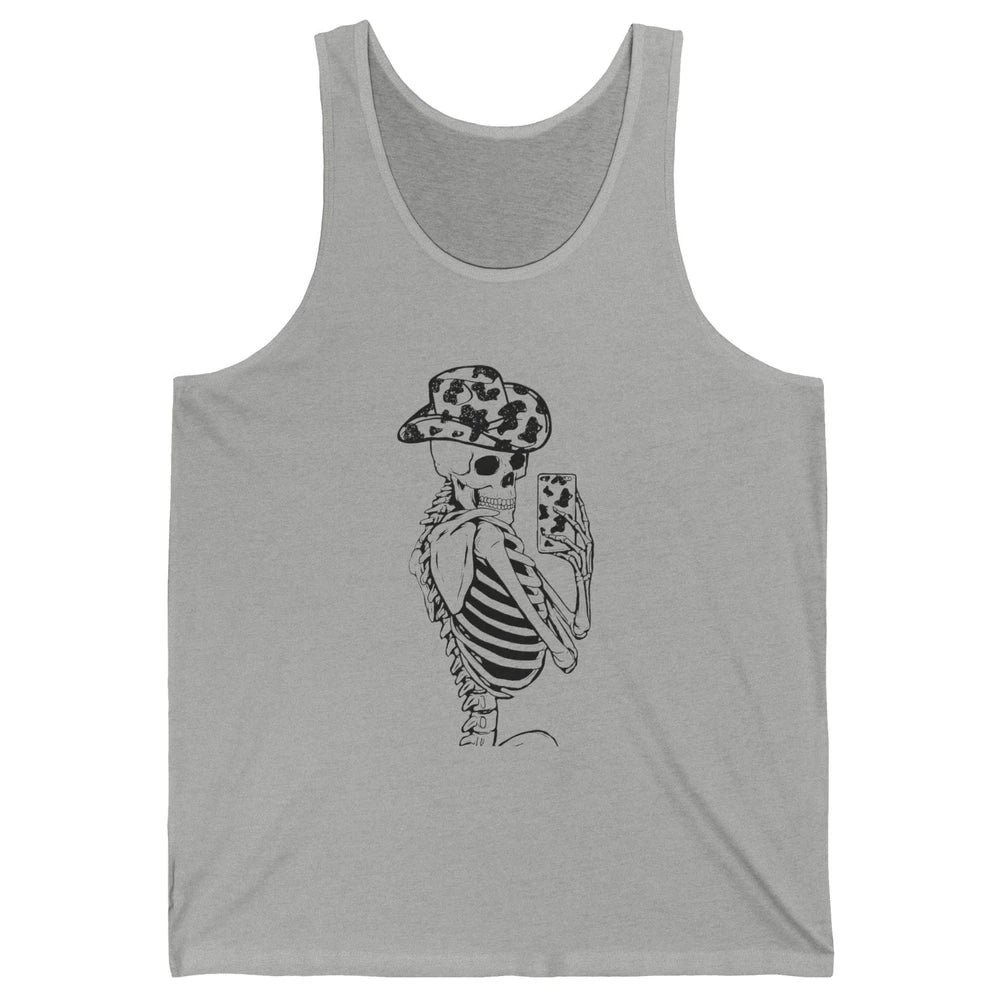 Funny Skeleton Cowgirl Selfie Cow Print Cowboy Hat Western Unisex Jersey Tank