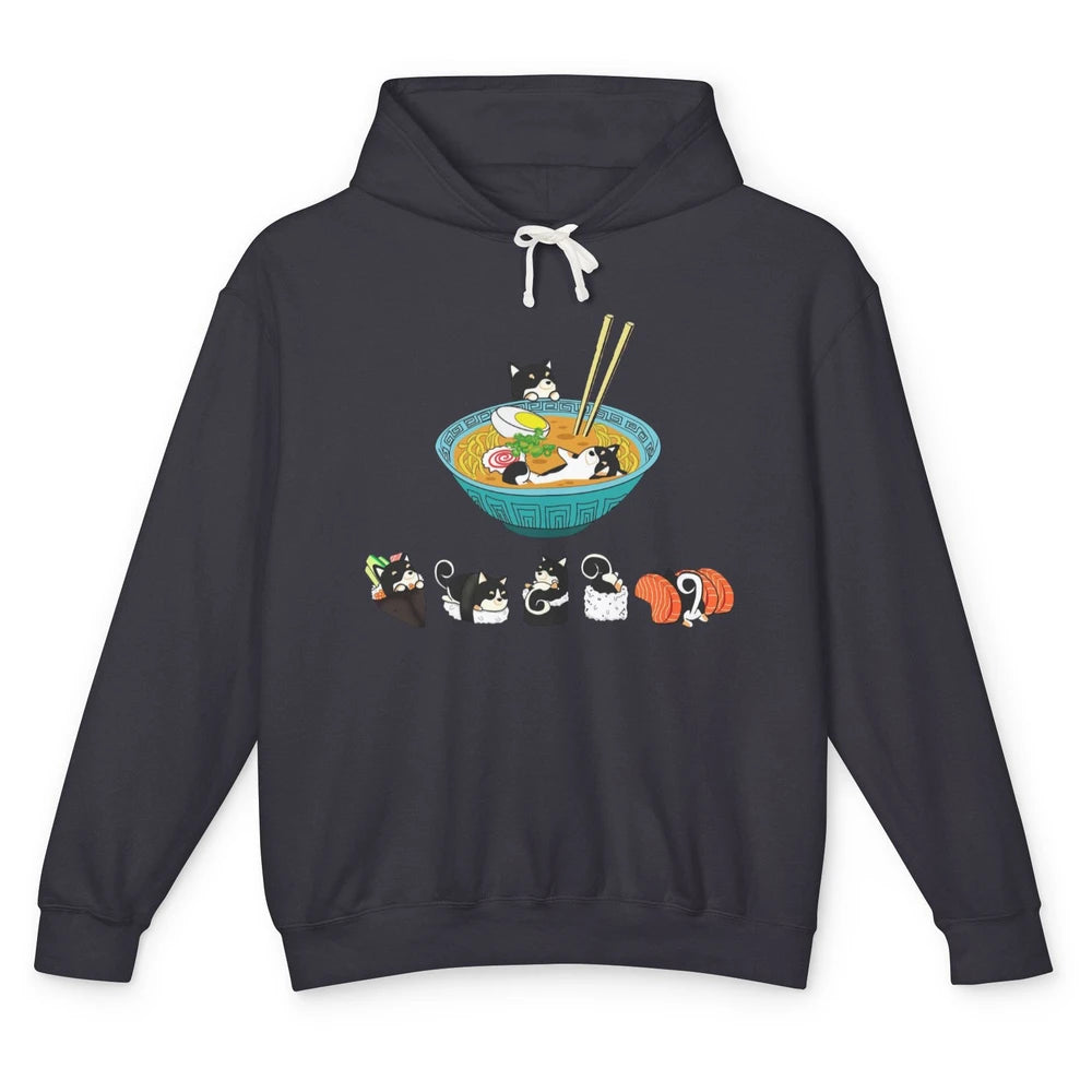Funny Black Shiba Inu Sushi Ramen Bowl Japanese Kawaii Dog Unisex Lightweight Hoodie