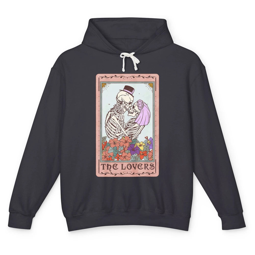 The Lovers Funny Skeleton Couple Tarot Card Vintage Valentine Astrology Goth Skull Lover Floral Heart Unisex Lightweight Hoodie