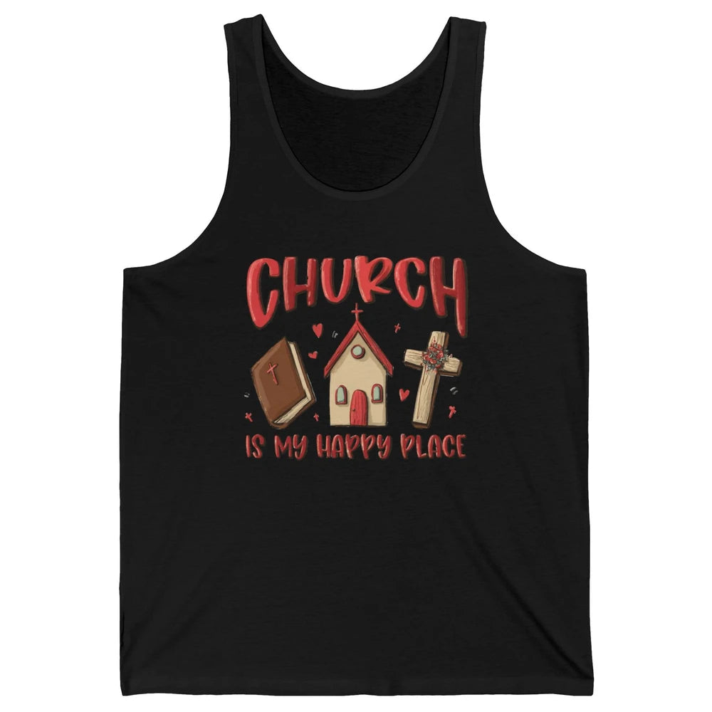 Retro Christmas Church Is My Happy Place Christian Hand Draw Unisex Jersey Tank