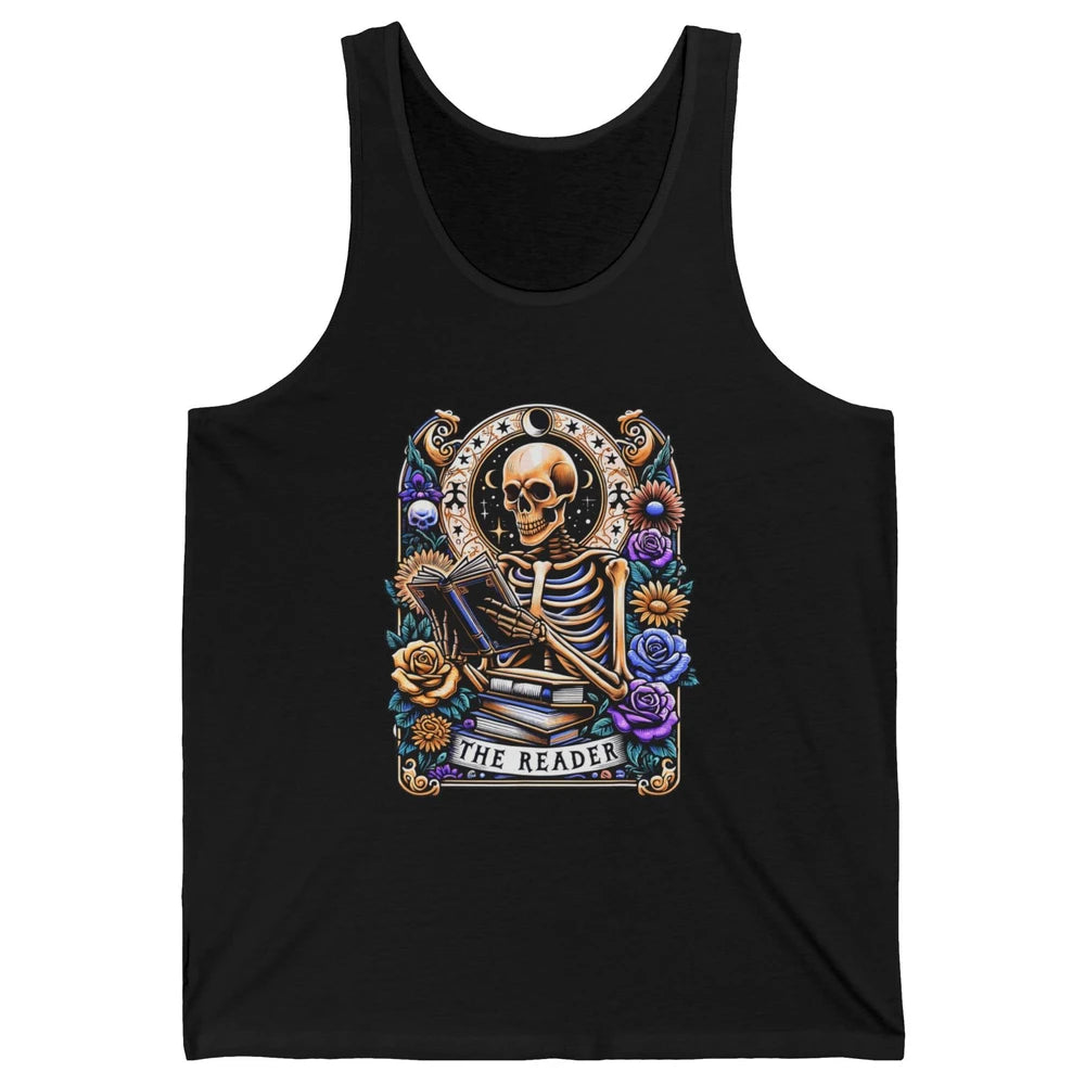 The Reader Tarot Card Halloween Reading Book Skeleton Floral Skull Bookish Bookworm Unisex Jersey Tank