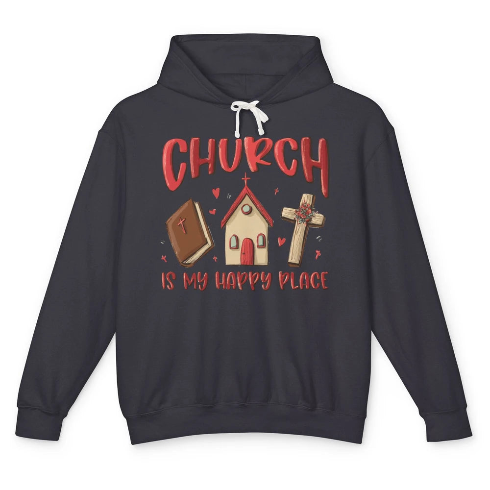 Retro Christmas Church Is My Happy Place Christian Hand Draw Unisex Lightweight Hoodie