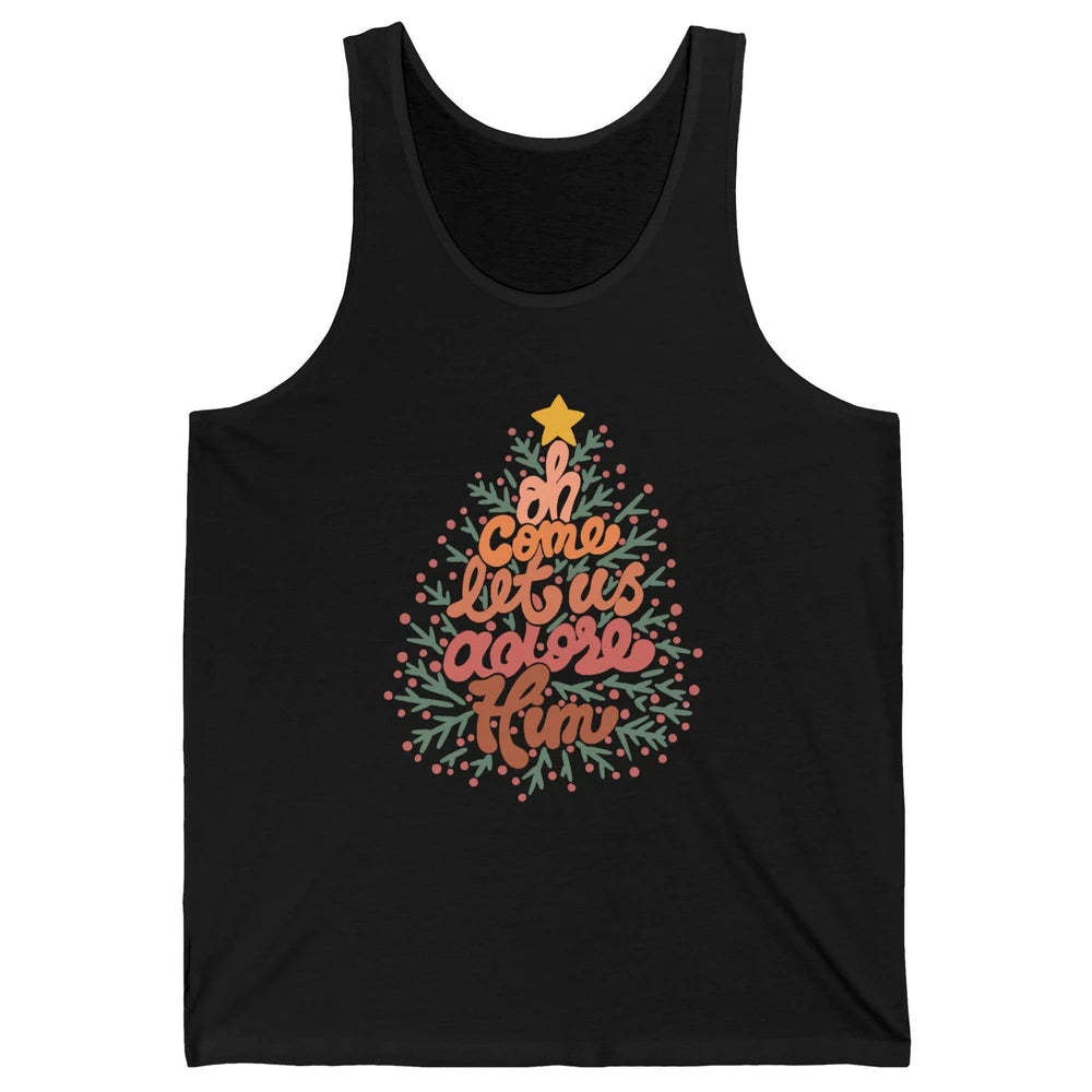 Retro Christmas Tree Oh Come Let Us Adore Him Groovy Xmas Unisex Jersey Tank