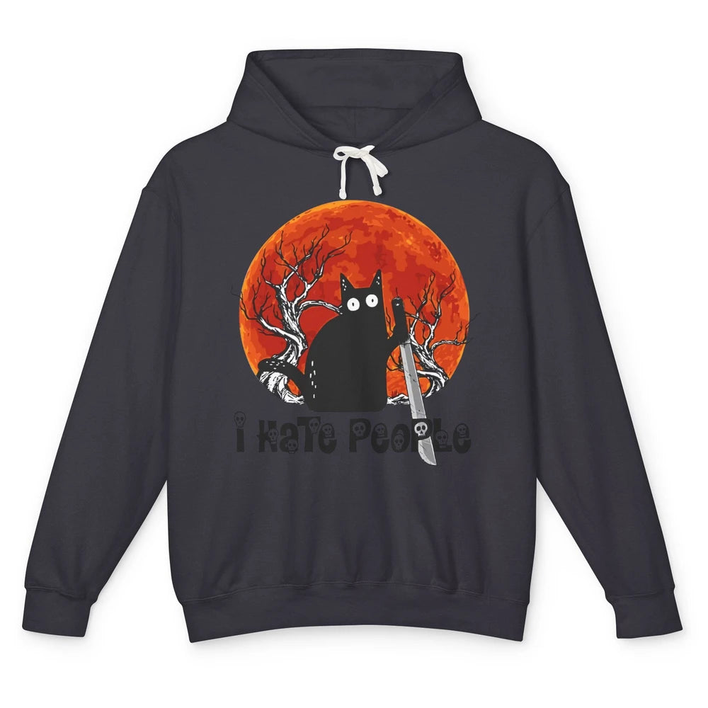 Black Cat Murderer I Hate People Pumpkin Halloween Costume Unisex Lightweight Hoodie