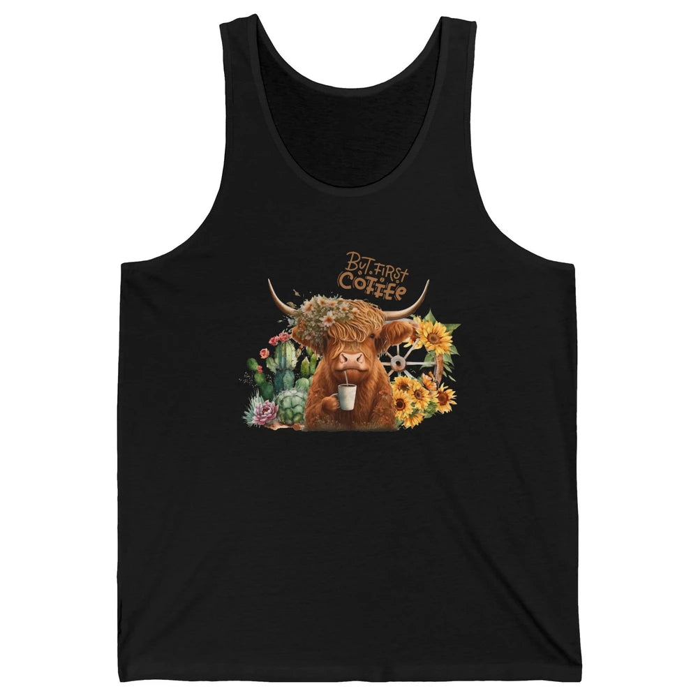 Desert Highland Cow But First Coffee Western Country Animal Unisex Jersey Tank