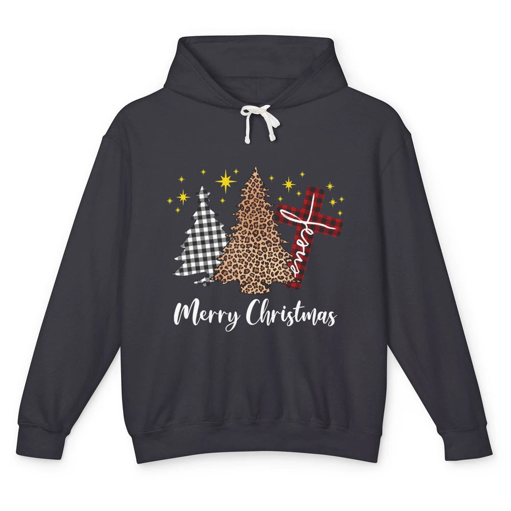 Merry Christmas Xmas Tree Cross Red Plaid Christian Leopard Unisex Lightweight Hoodie
