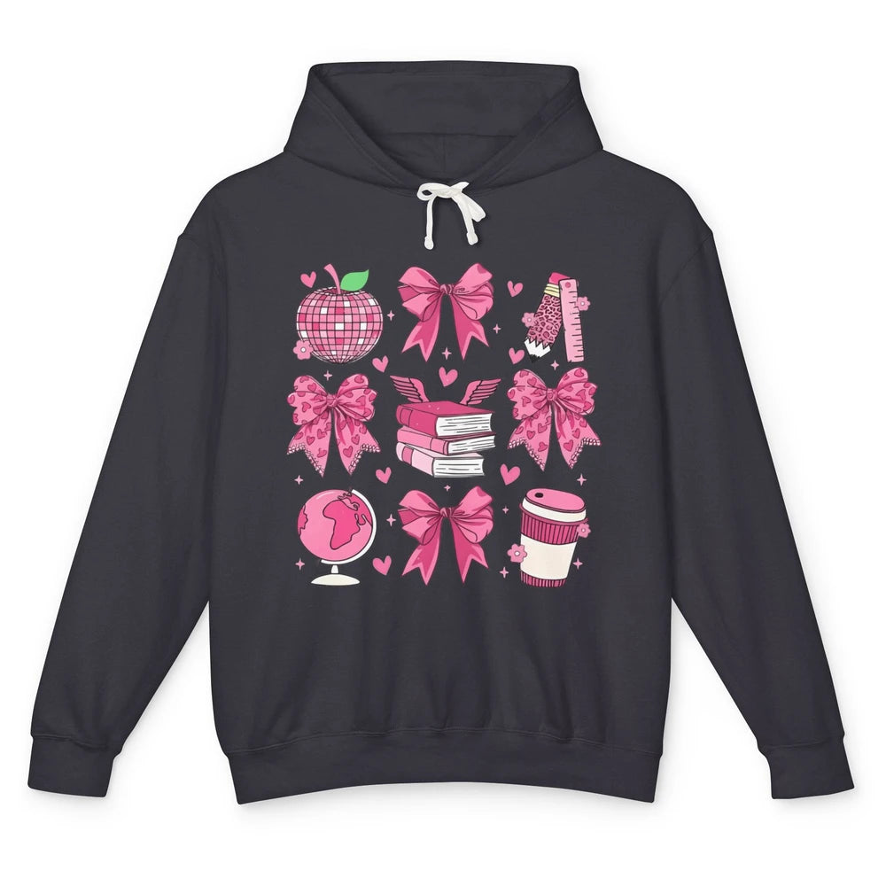 Cute Set Of Bows Coquette Coffee Apple Pink Valentine's Day Love Leopard Heart Back To School Latte Book Teacher Students Unisex Lightweight Hoodie