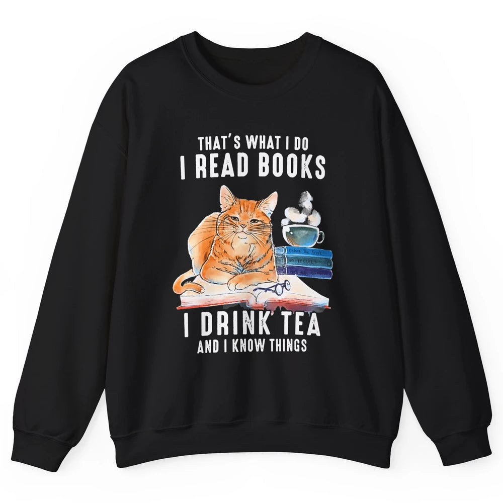 Funny That What I Do I Read Books Drink Tea And I Know Things Sarcastic Orange Cat Book Reader Kitten Bookworm Unisex Crewneck Sweatshirt