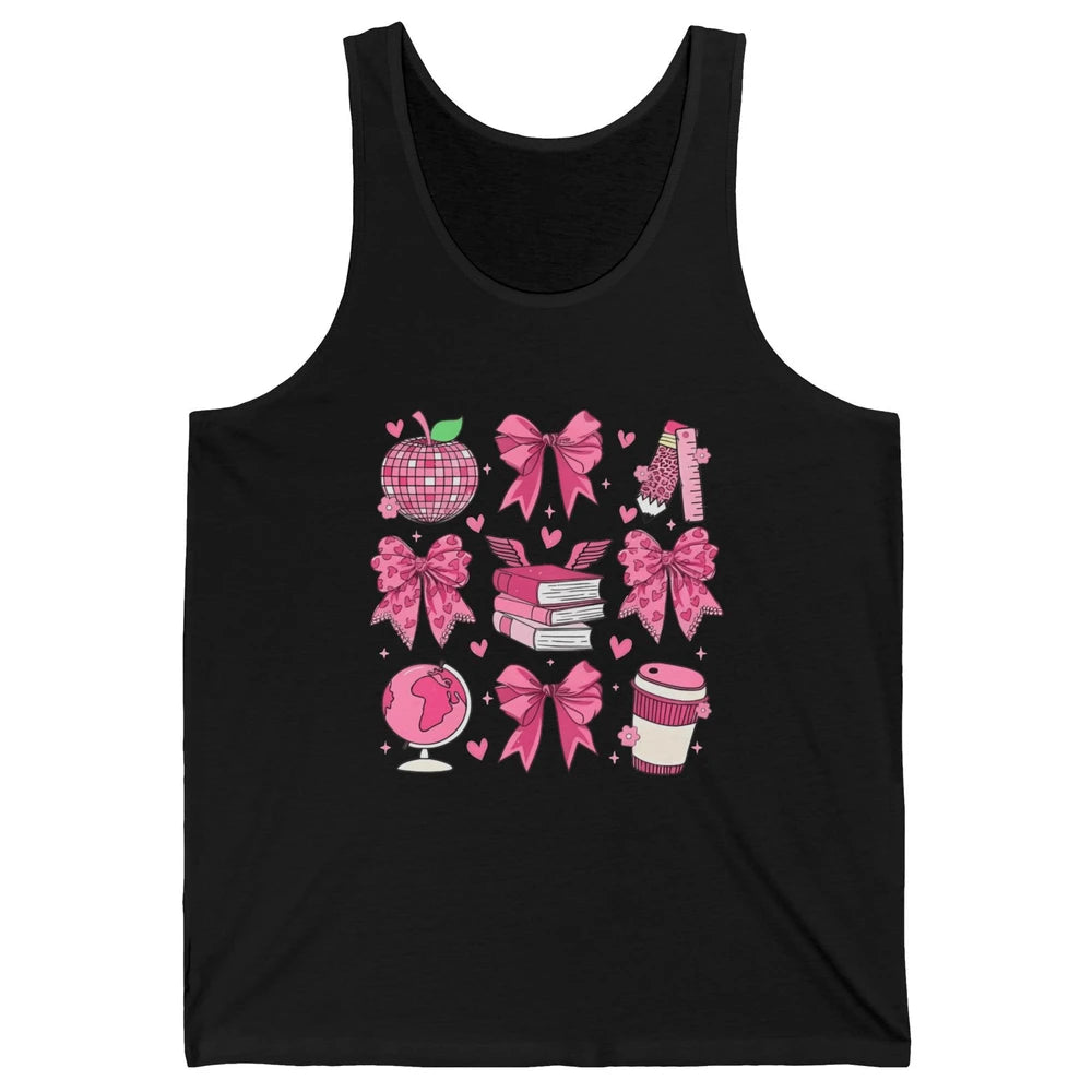 Cute Set Of Bows Coquette Coffee Apple Pink Valentine's Day Love Leopard Heart Back To School Latte Book Teacher Students Unisex Jersey Tank