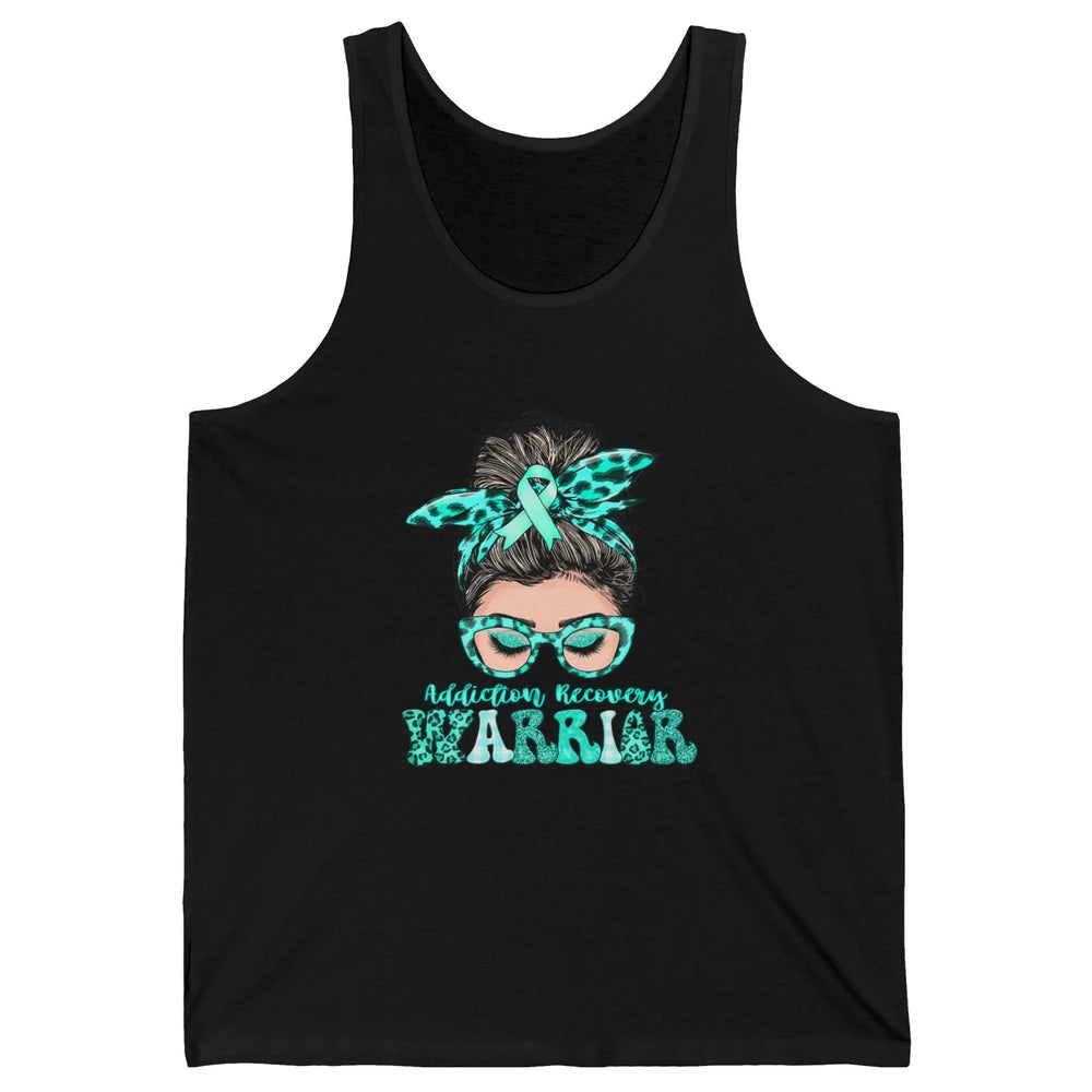 Addiction Recovery Awareness Warrior Leopard Messy Hair Bun Unisex Jersey Tank