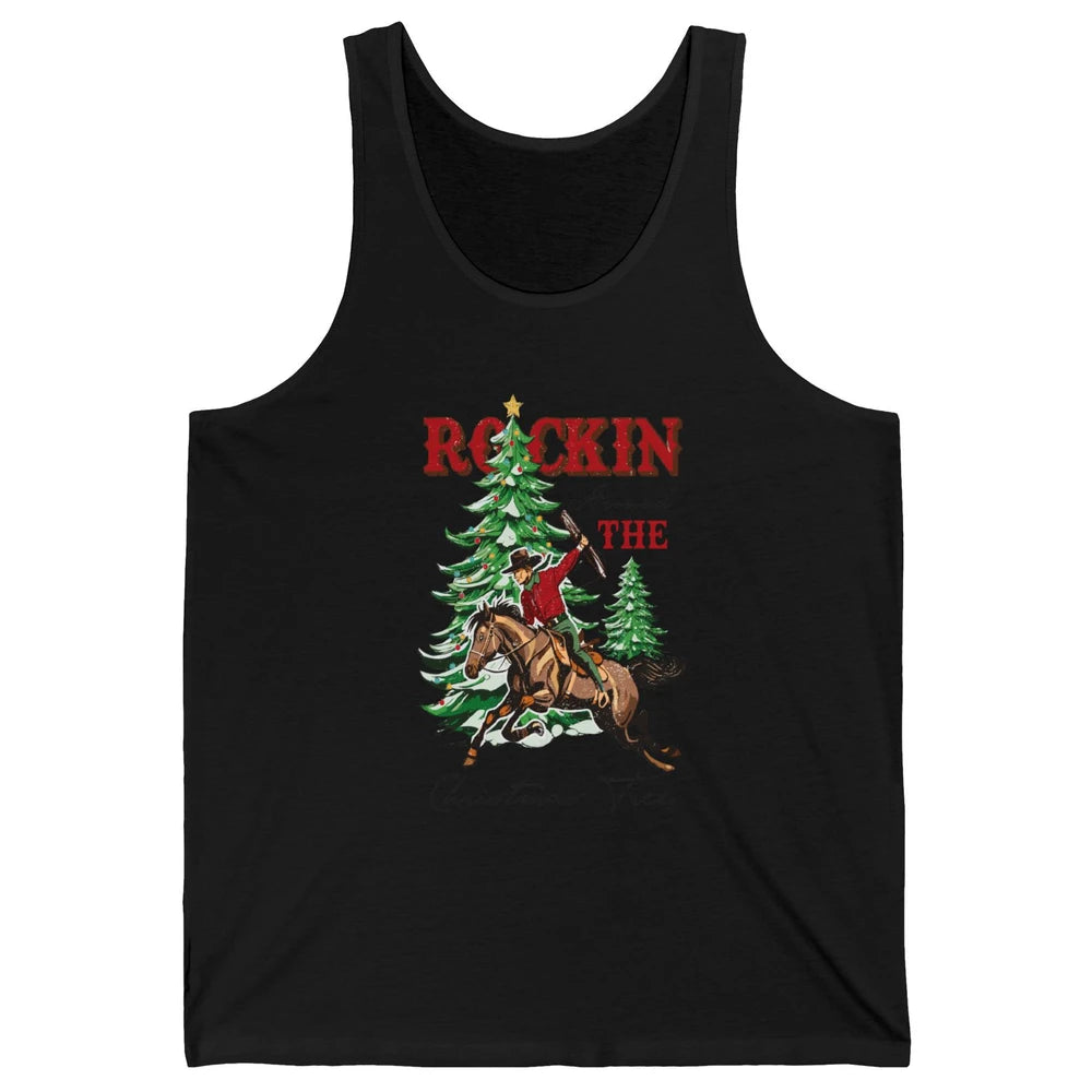Retro Horsing Cowboy Rocking Around Christmas Tree Western Unisex Jersey Tank